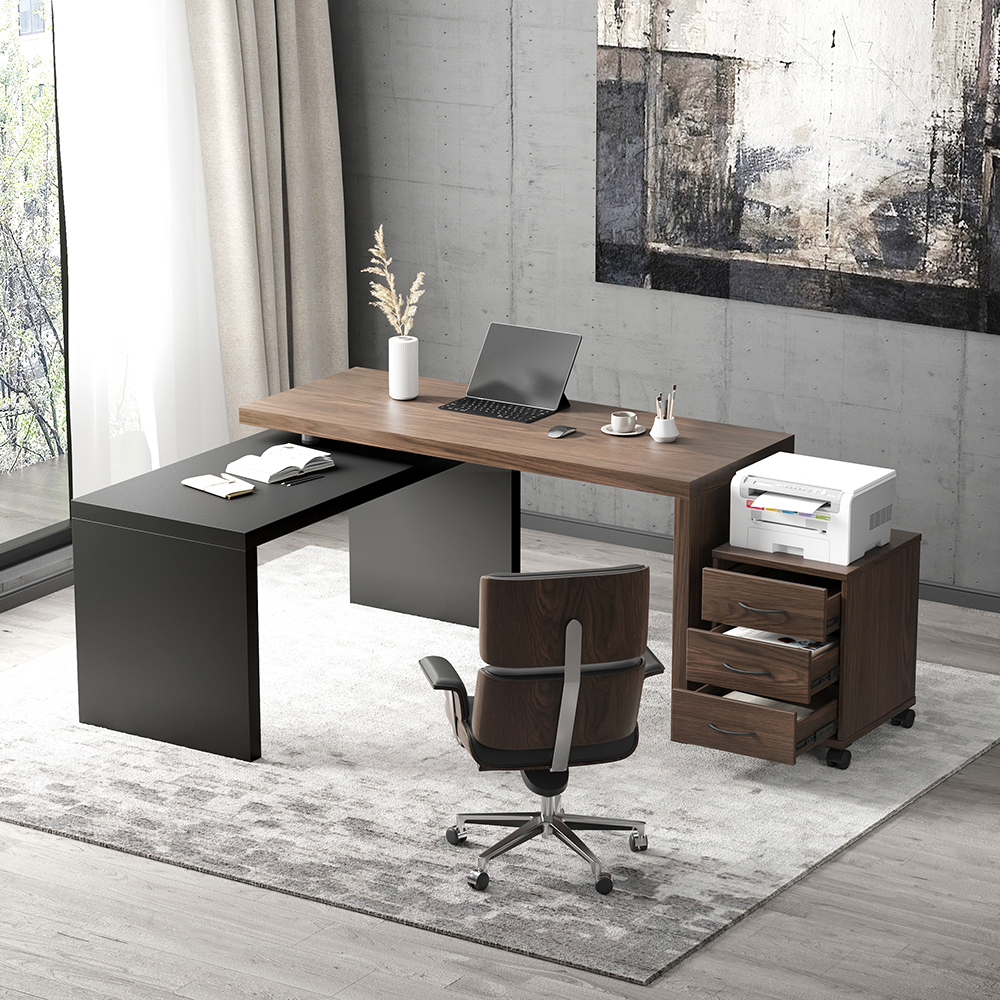 Modern Swivel Desk with Movable File Cabinet Black & Walnut L-Shaped Rotating Desk