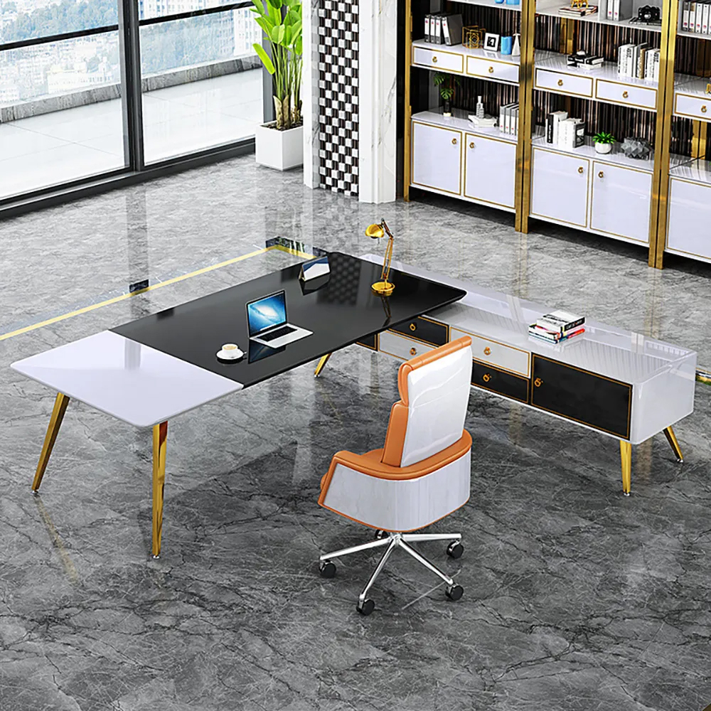 Image of 79" L-Shaped Modern Right Hand Corner Executive Desk in White & Gold & Black