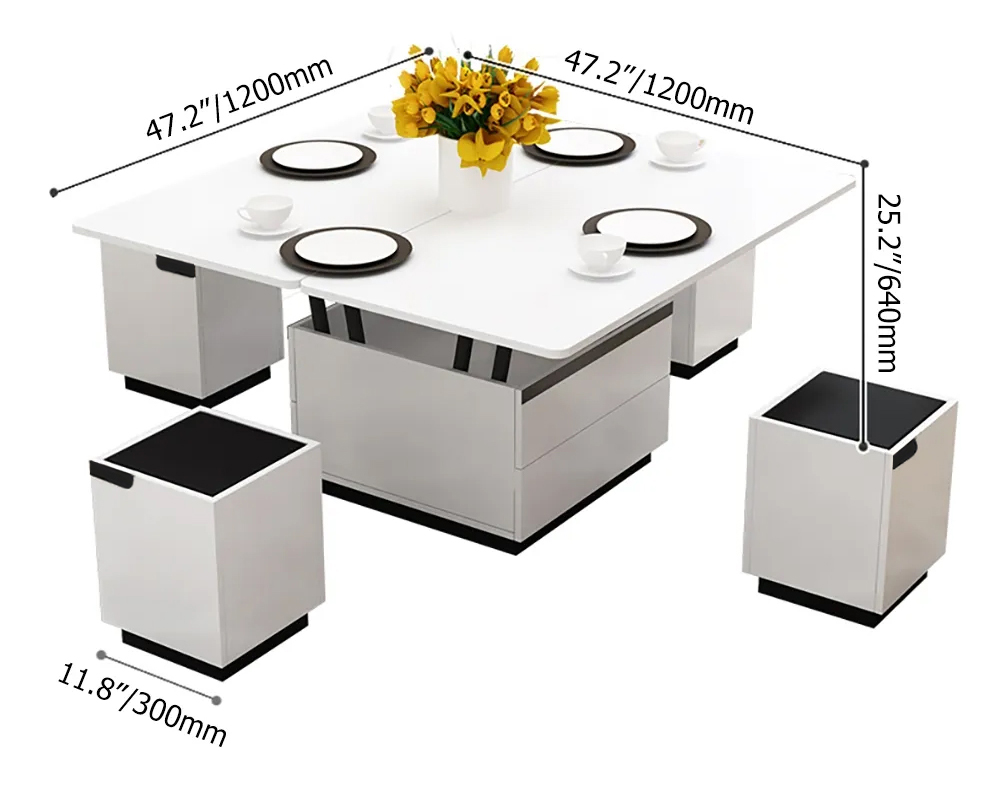 Modern White Lift Top Glass Coffee Table with Drawers & Storage Multifunction Table