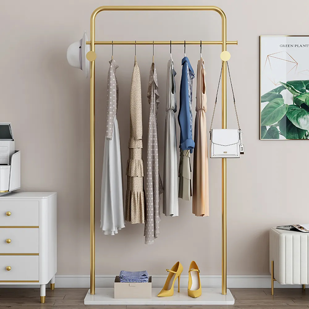 Metal Clothing Rack Freestanding Cloth Rail Rack with Hooks & Marble Base in Gold
