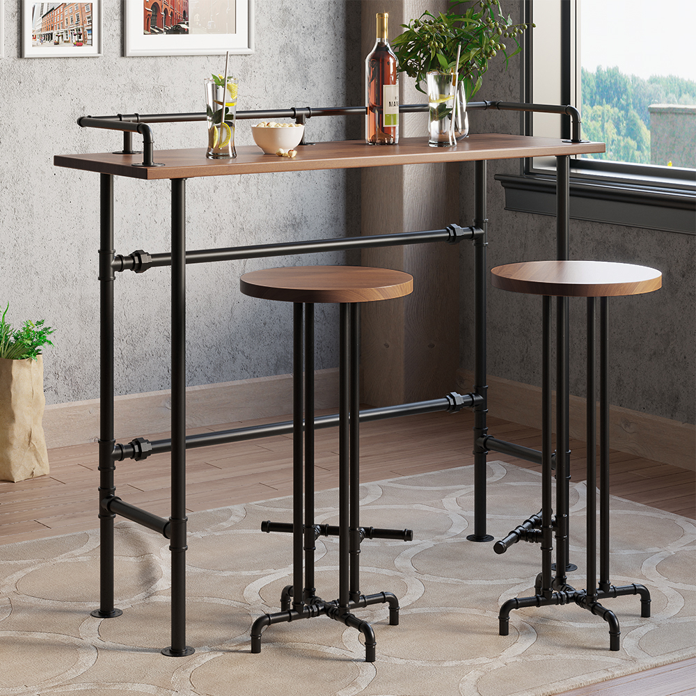 59.1" Industrial Rectangular Wood Bar Height Table with Footrest in Walnut