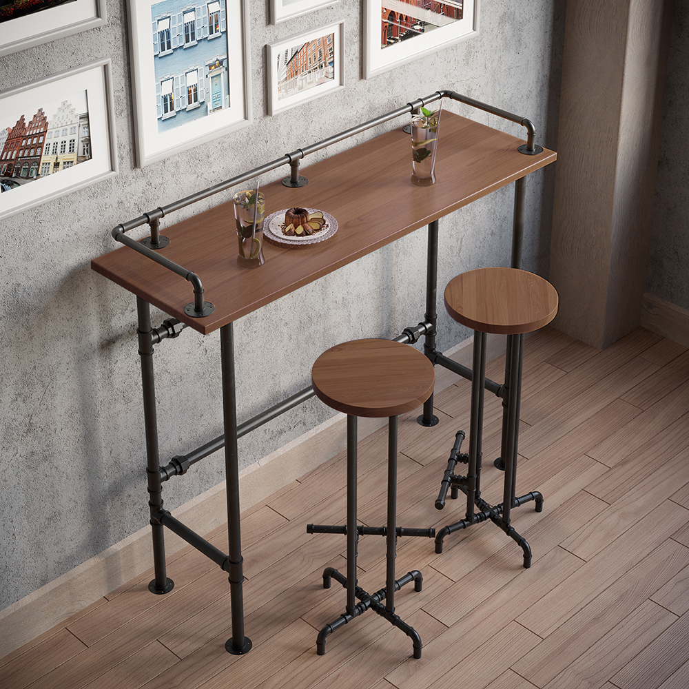 59.1" Industrial Rectangular Wood Bar Height Table with Footrest in Walnut