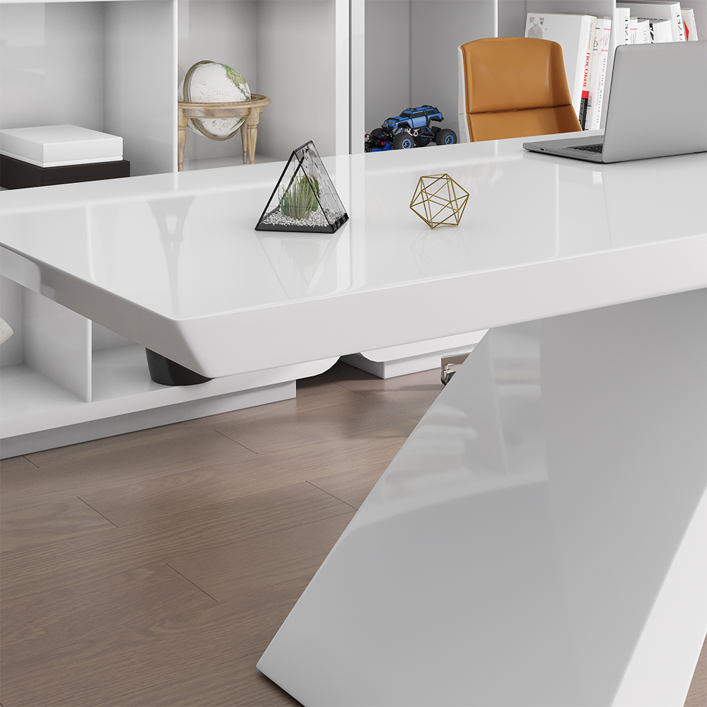 55" Modern White Computer Desk Rectangular Office Desk with Pedestal Base
