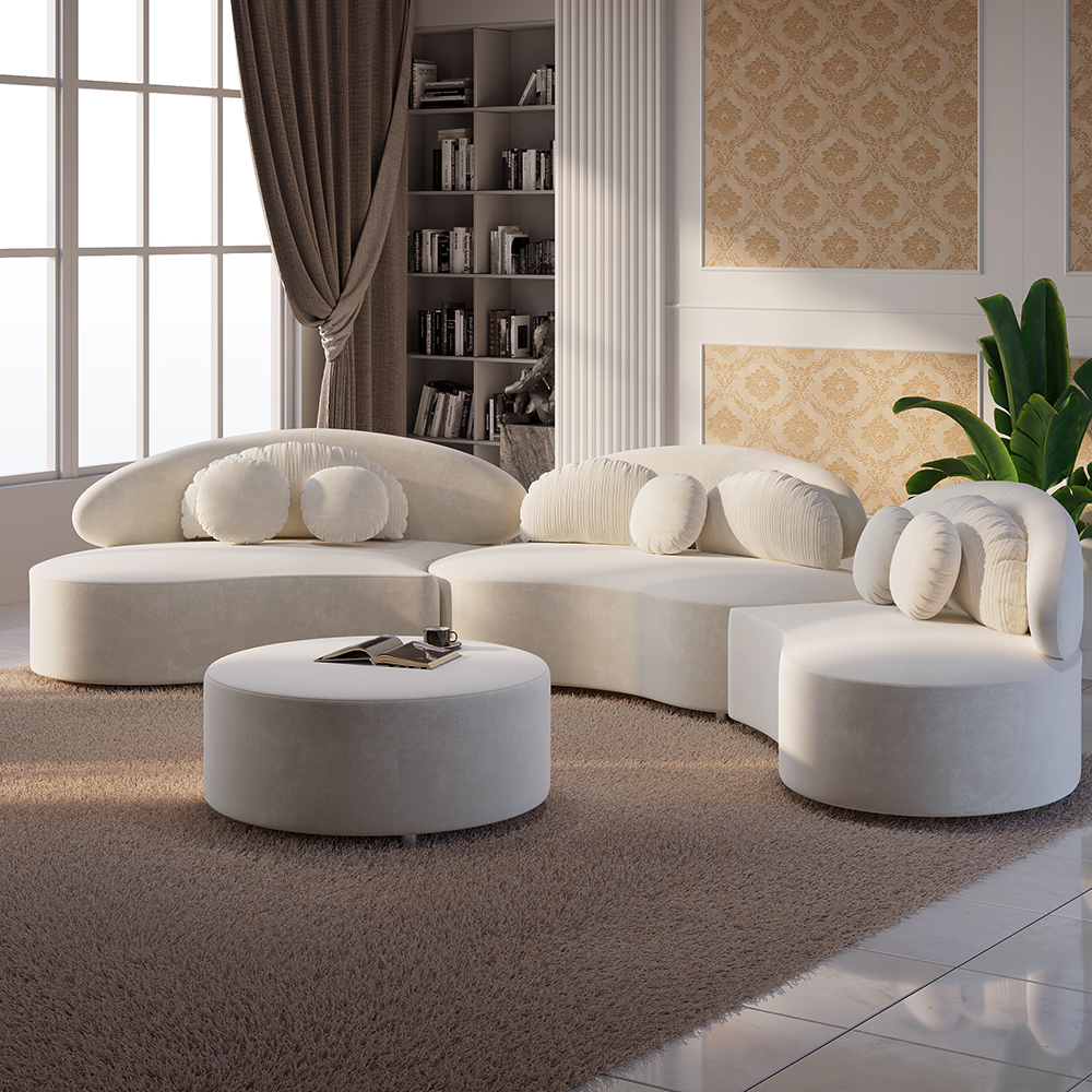 Modern 7-Seat Sofa Curved Sectional Modular Beige Velvet Upholstered with Ottoman