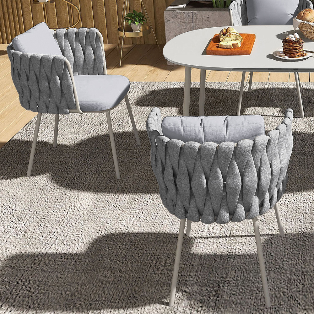 Modern Aluminium & Rattan Outdoor Patio Dining Chair Armchair in Grey (Set of 2)