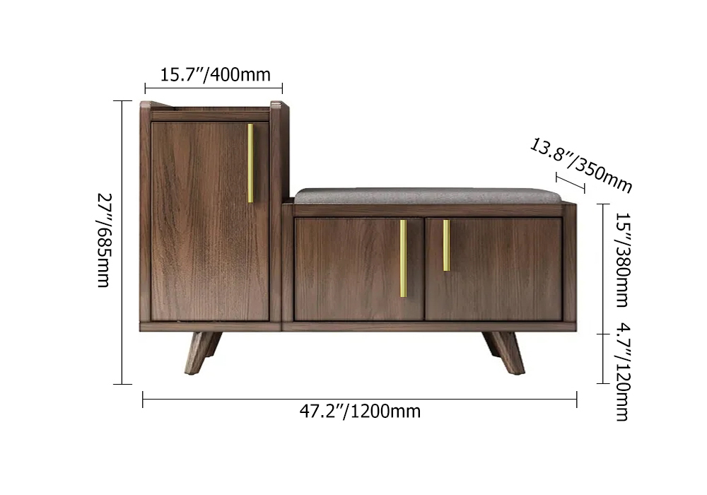 1200mm Walnut Wooden Shoe Storage Bench with 3 Doors & 5 Shelves for Hallway