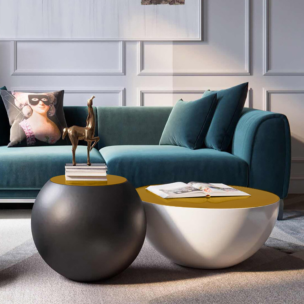 Modern Round Drum Coffee Table Bowl-Shaped Black Accent Table with Yellow Top 1 Piece