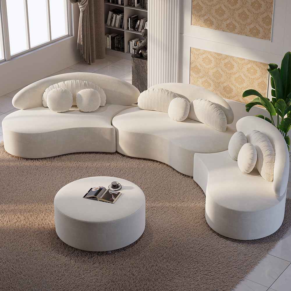 Modern 7-Seat Sofa Curved Sectional Modular Beige Velvet Upholstered with Ottoman