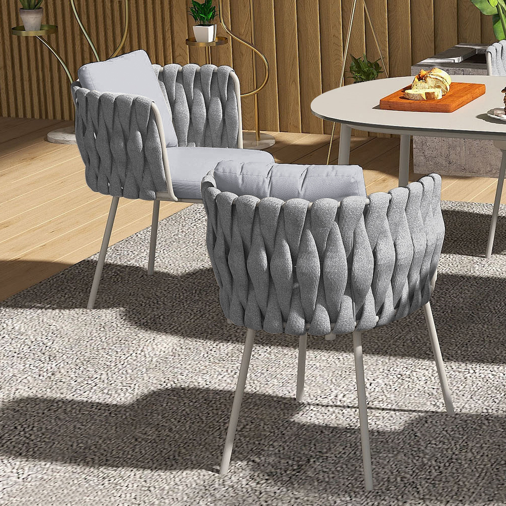 Modern Aluminium & Rattan Outdoor Patio Dining Chair Armchair in Grey (Set of 2)