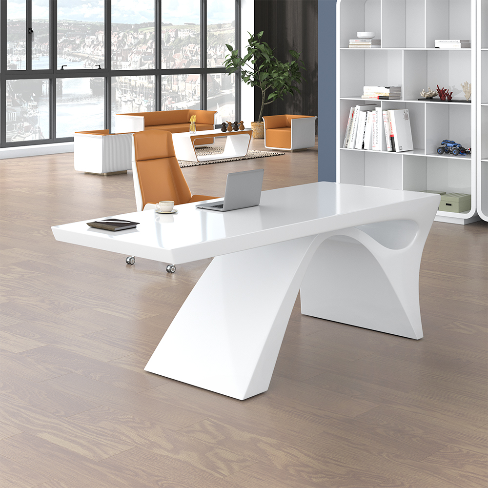 Image of 71" Modern White Computer Desk Rectangular Executive Desk with Abstract Base