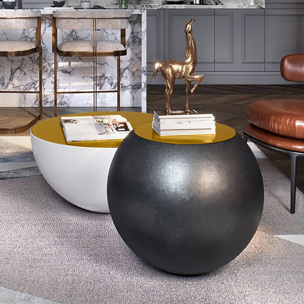 Modern Round Drum Coffee Table Bowl-Shaped Black Accent Table with Yellow Top 1 Piece