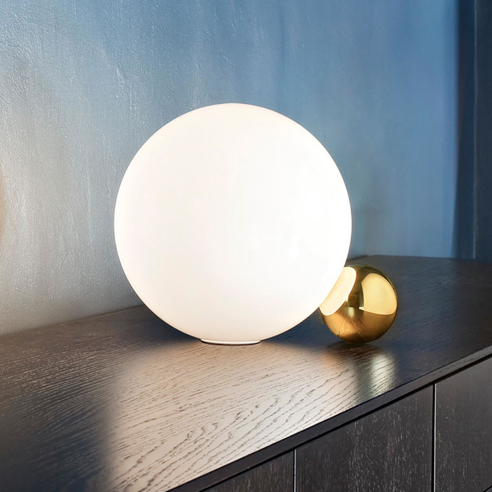 Image of 1-Light White Globe Table Lamp with Gold Globe Base