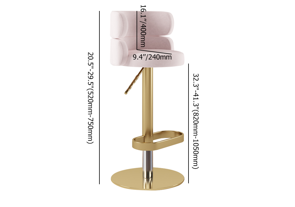 Modern Swivel Bar Stool with Back Adjustable Pink Velvet Upholstery in Gold Finish