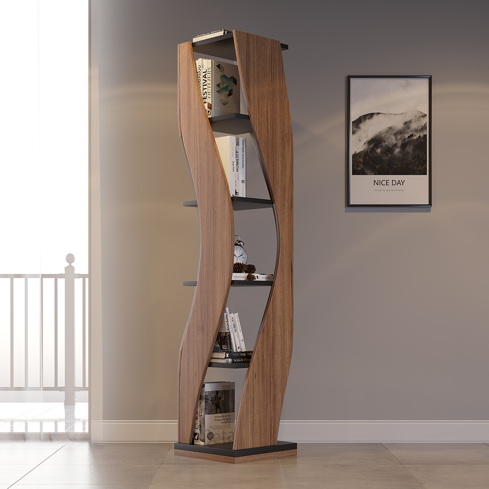 Geometrisches Bücherregal mit 5 Ebenen, gebogene Form, industrielles Bücherregal in Walnuss und Schwarz drehbar