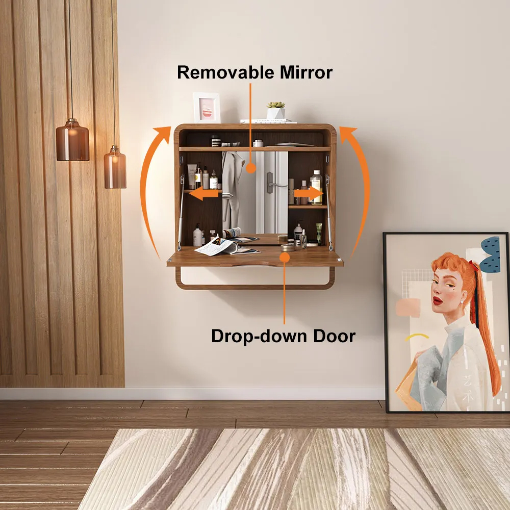 Wall Mounted Makeup Vanity with Drawer & Movable Mirror Foldable Vanity