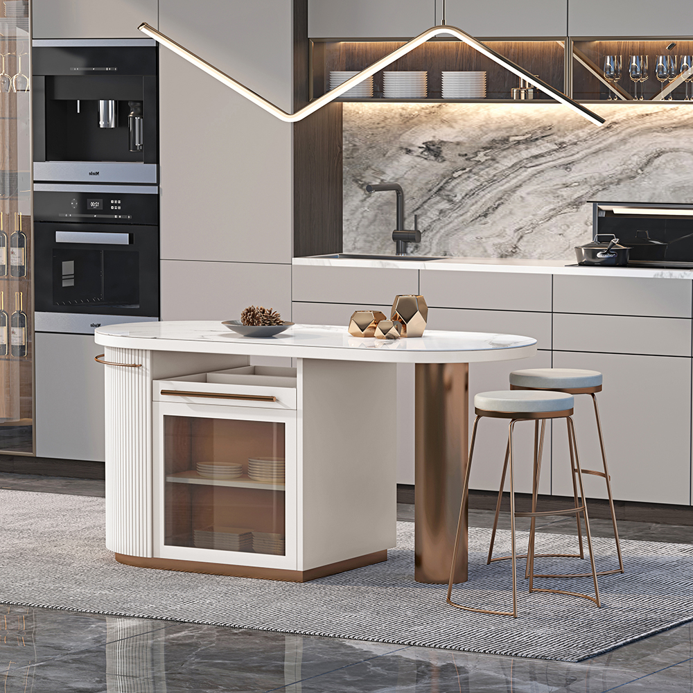 1830mm White Kitchen Island Modern Faux Marble Large Kitchen Cabinet with Storage