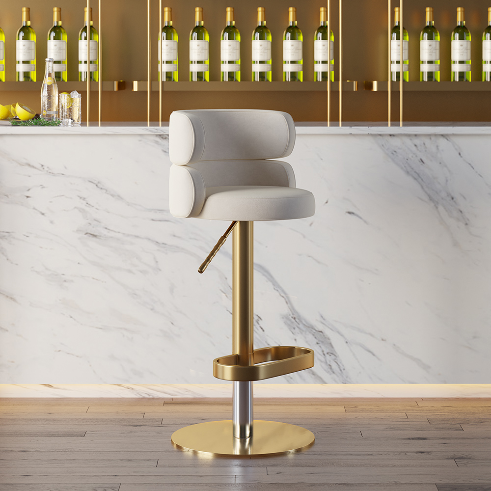 Image of Swivel Bar Stool with Backrest Adjustable Height Beige Velvet Upholstery in Gold Finish
