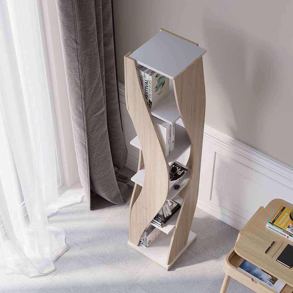5 Shelf Loft Geometric Narrow Bookshelf Curved Swivel Bookcase in White & Natural