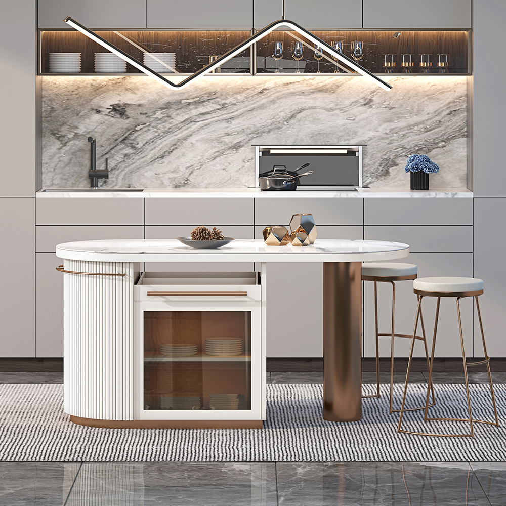 Image of 72" White Kitchen Island Modern Faux Marble Large Kitchen Cabinet with Storage