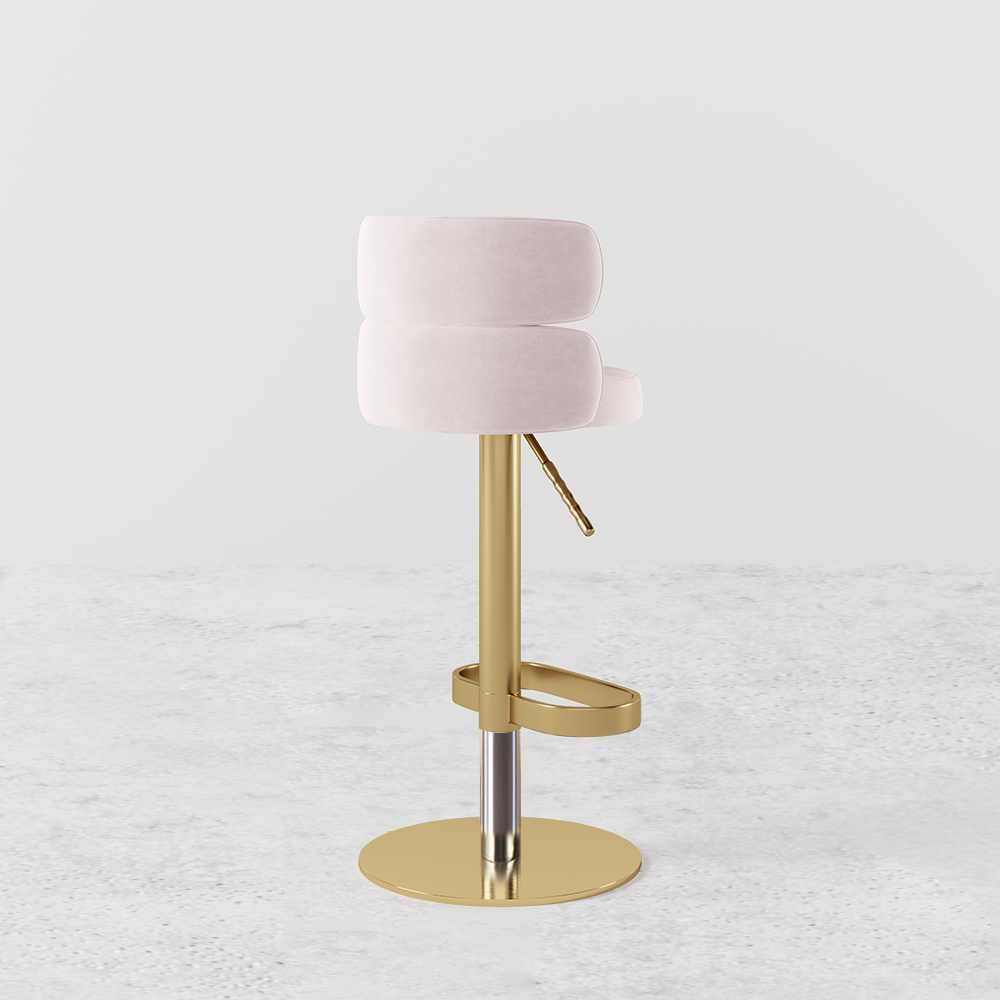 Modern Swivel Bar Stool with Back Adjustable Pink Velvet Upholstery in Gold Finish