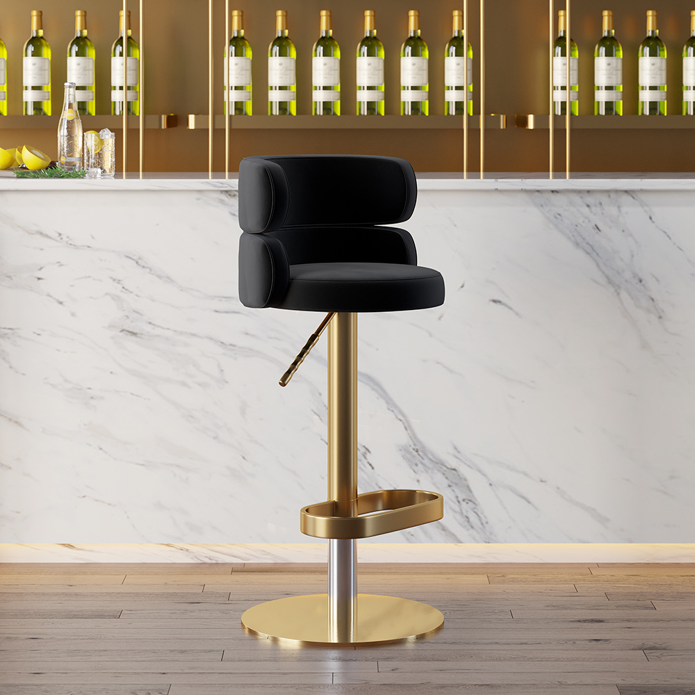 Image of Black Velvet Swivel Bar Stool with Full Back & Gold Pedestal Base Adjustable Counter Height Bar Stools