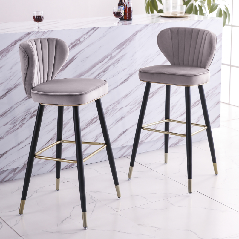 Image of Modern Counter Height Gray Velvet Bar Stools Upholstered with Back Set of 2