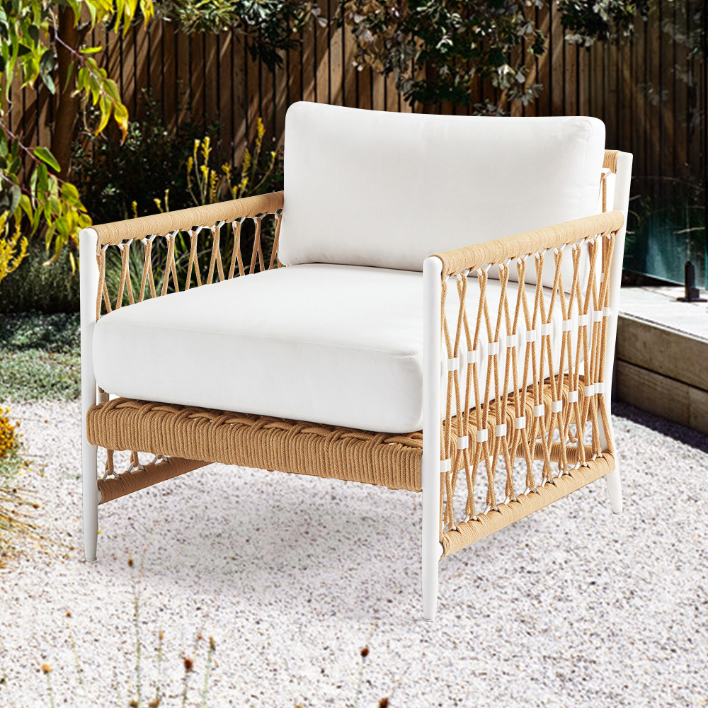 Ropipe Woven Rope Outdoor Armchair Accent Chair with White Polyester Pillow Cushion