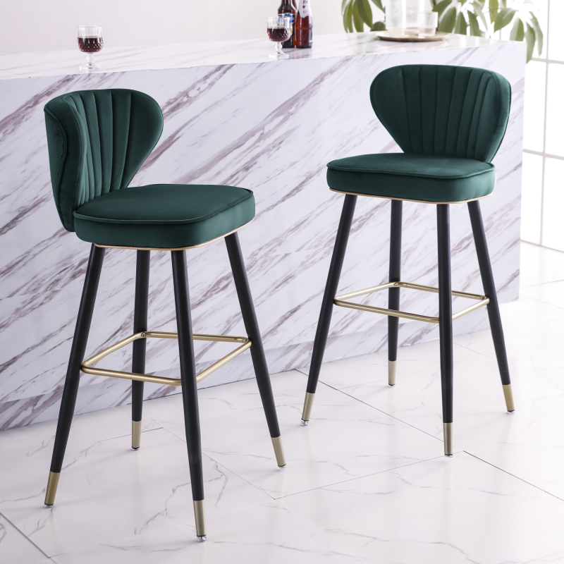 Image of Modern Counter Height Green Velvet Bar Stools Upholstered with Back Set of 2