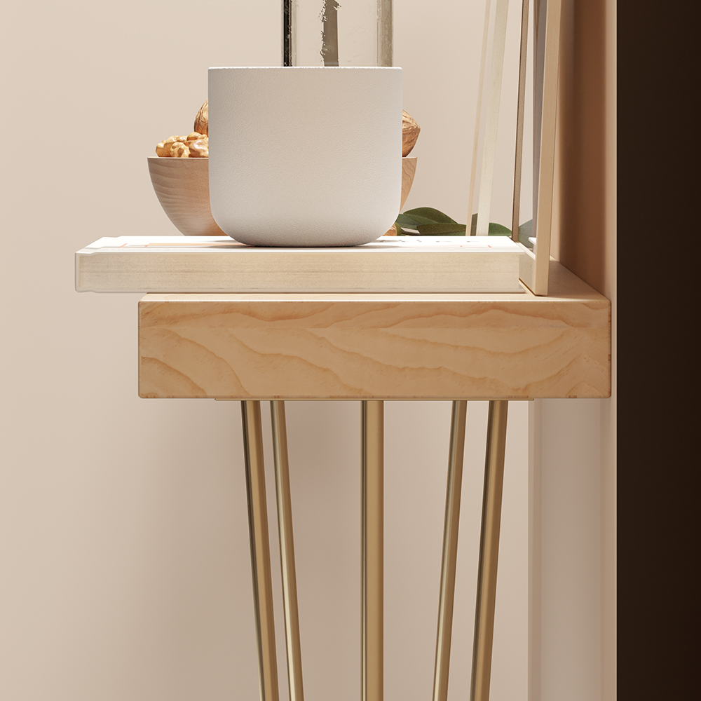 Moderner schmaler rechteckiger Konsolentisch mit Holzplatte aus Metall