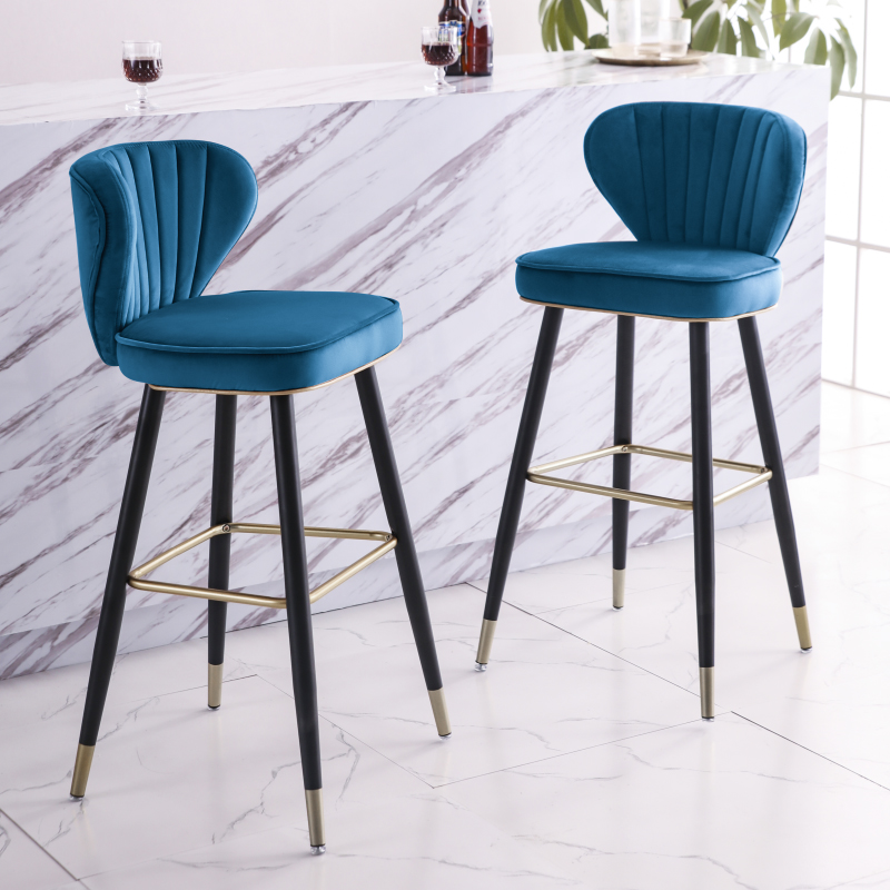 Image of Modern Counter Height Blue Velvet Bar Stools Upholstered with Back Set of 2