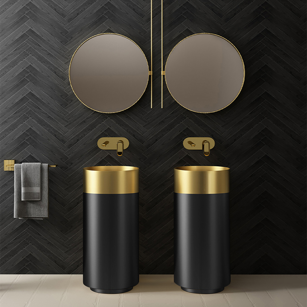 Image of Gold & Black Modern Luxury Round Stainless Steel Sink Pedestal Sink Freestanding