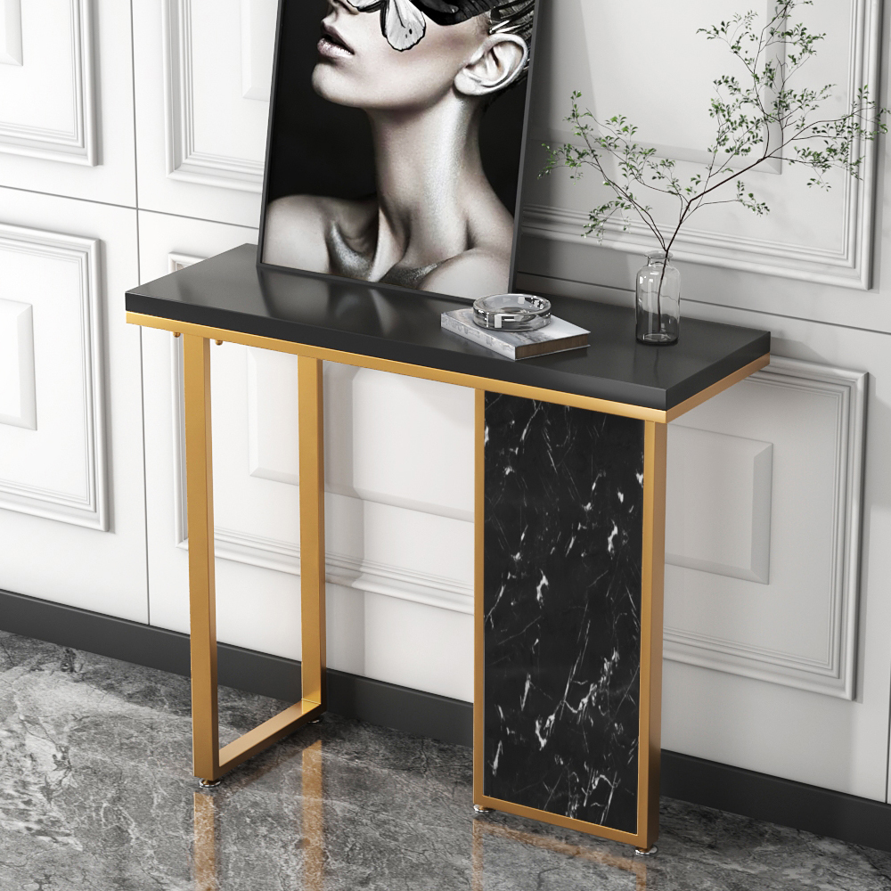 Image of 40" Black Narrow Console Table Modern Rectangular with Wooden Top Entryway Table