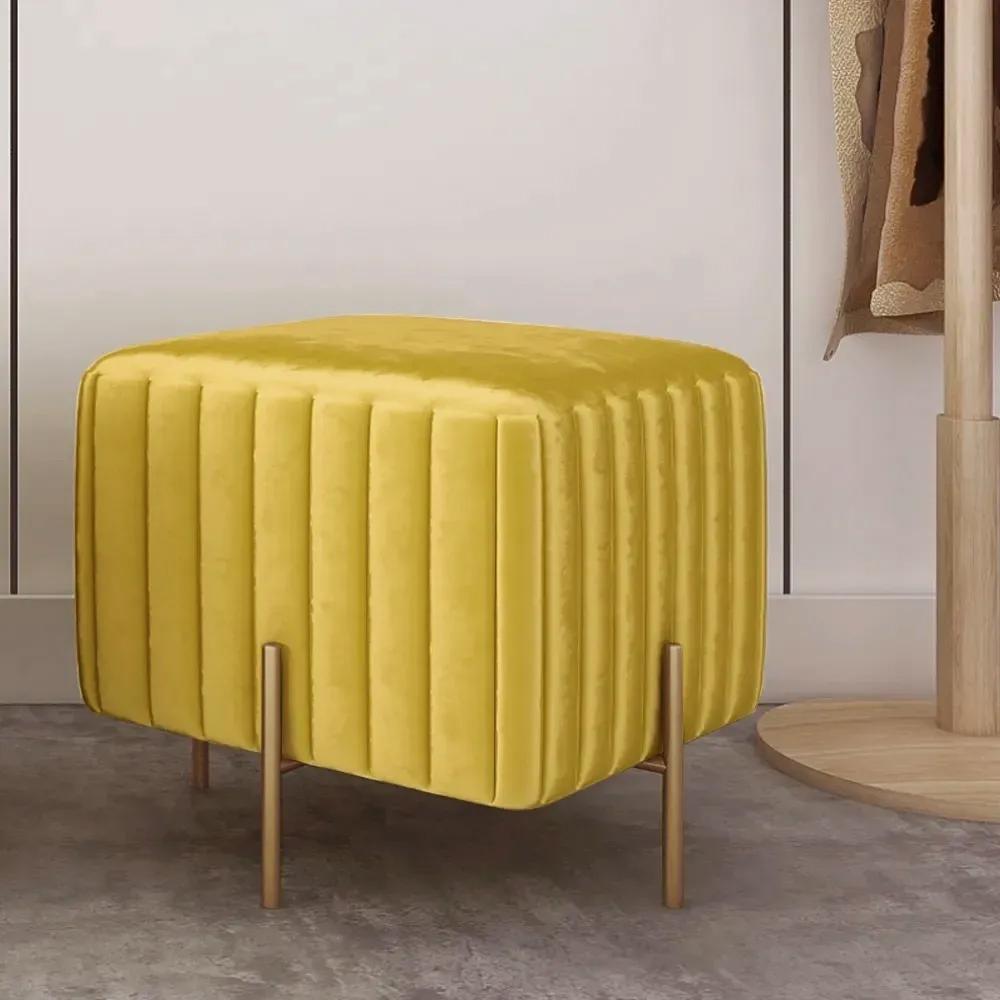 Image of Contemporary Square Pouf Ottoman Upholstered Velvet Ottoman Footrest in Yellow