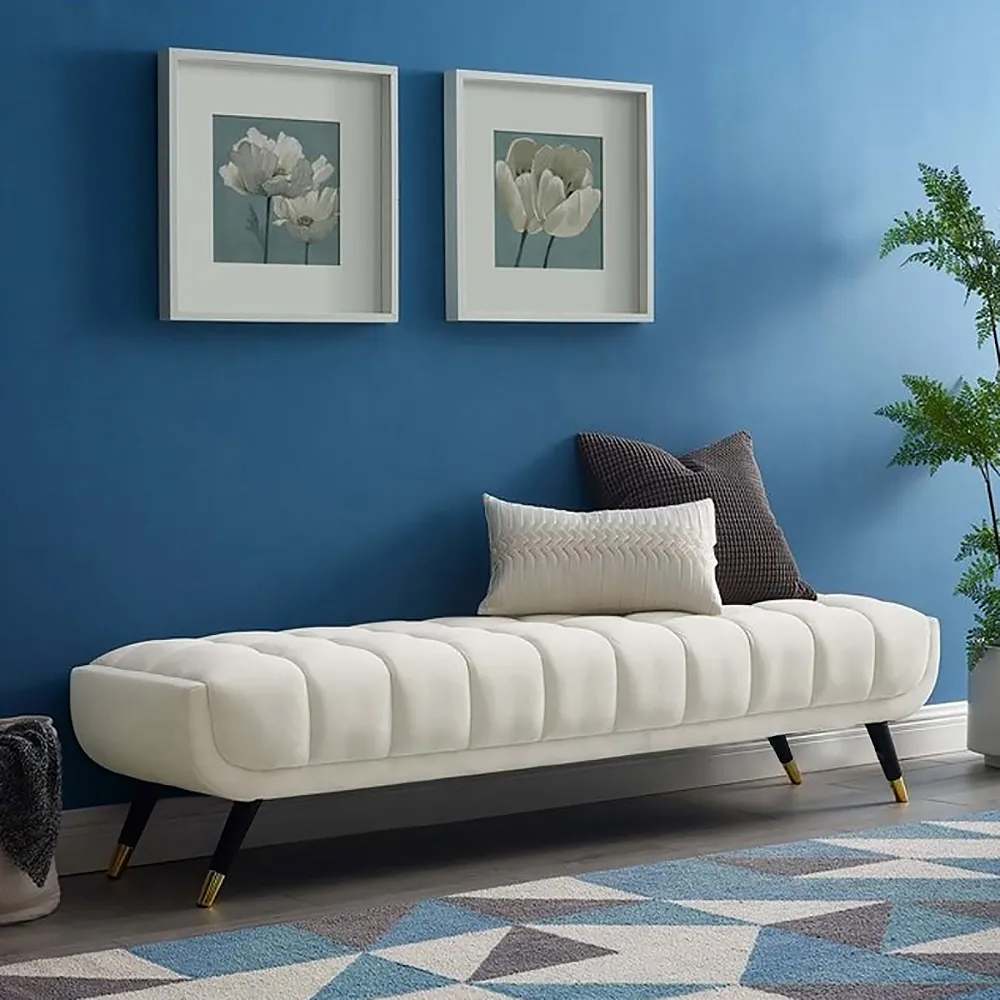 Modern White Bedroom Bench Velvet Upholstery Wooden Legs