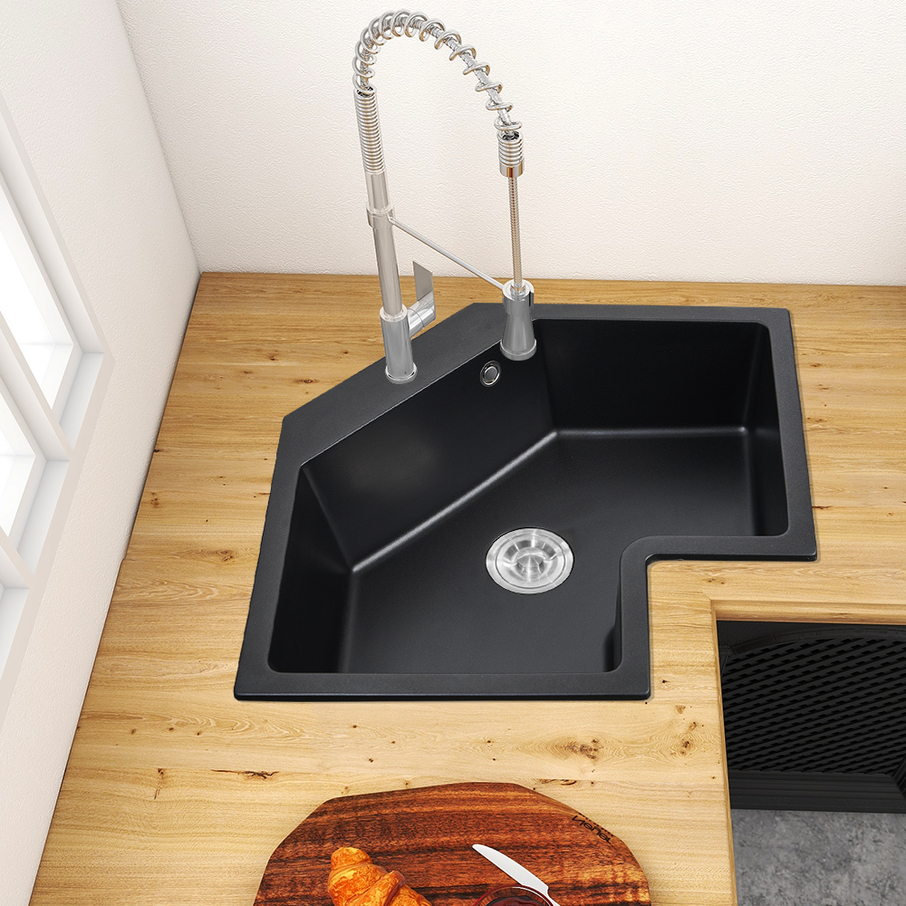 Image of 25" Black Drop In Corner Kitchen Sink Modern Single Bowl Quartz Irregular Sink