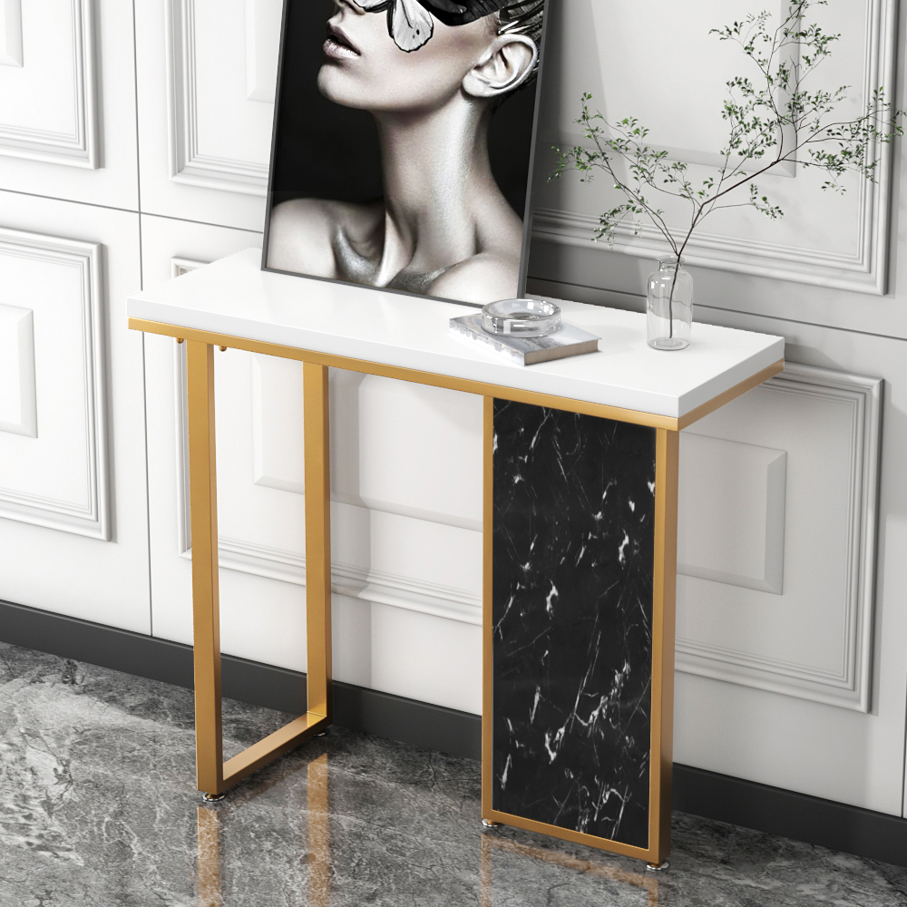 40" White and Black Narrow Console Table Modern with Wooden Top Entryway Table