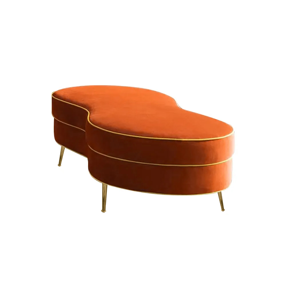 Modern Bench Orange Velvet Upholstered Bench Ottoman Bench Gold Leg Gold Bench