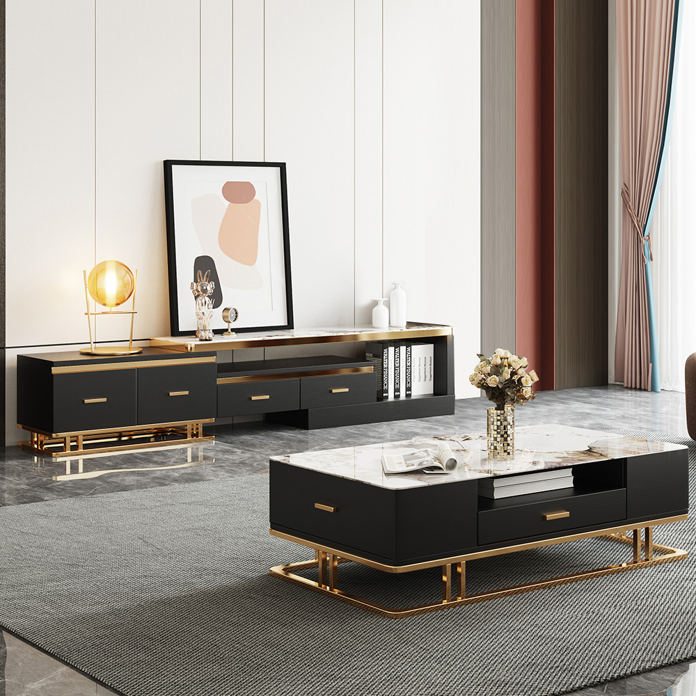 Image of Stonesk Modern TV Stand & Coffee Table Set for 100 Inch TV in Black with Drawers