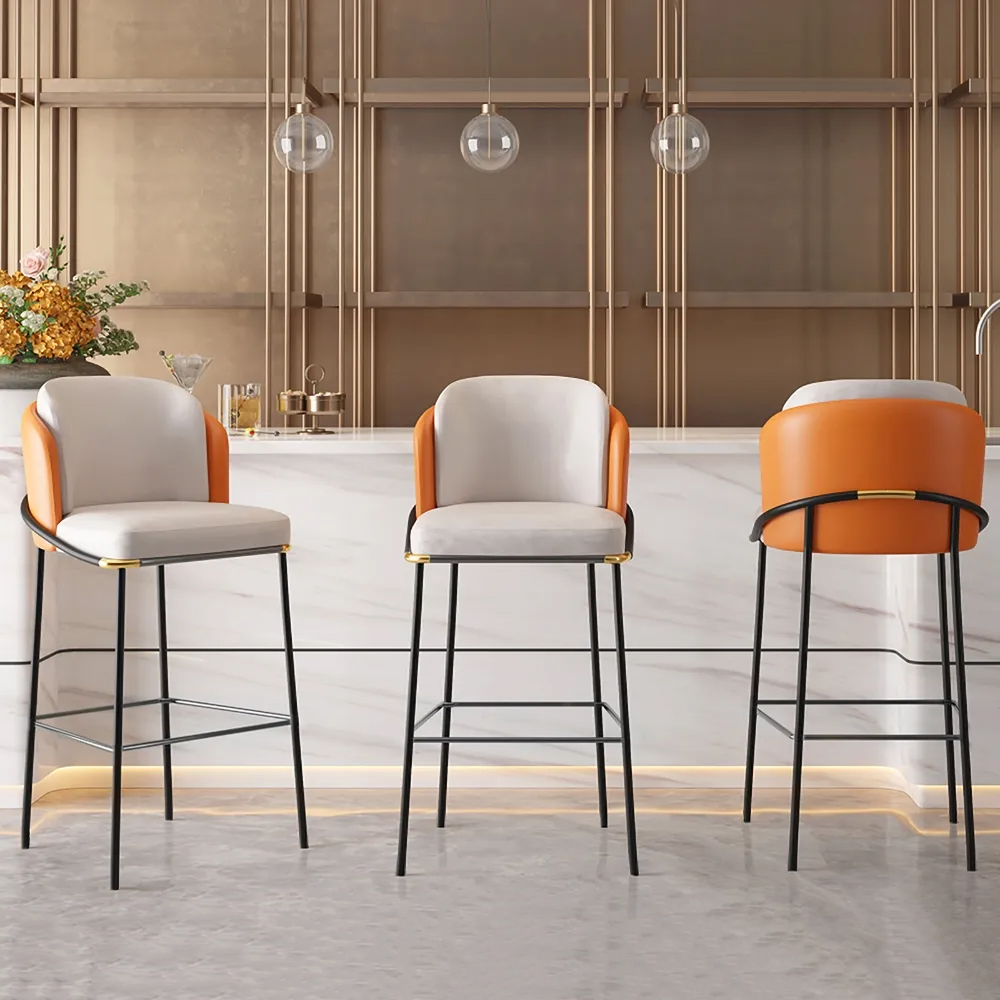 Image of Modern PU Leather Breakfast Bar Stool with Back Counter Height Stool with Footrest in Beige & Orange
