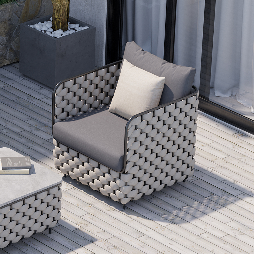 Image of 27.6" Wide Modern Aluminum & Rope Outdoor Patio Sofa with Cushion in Gray