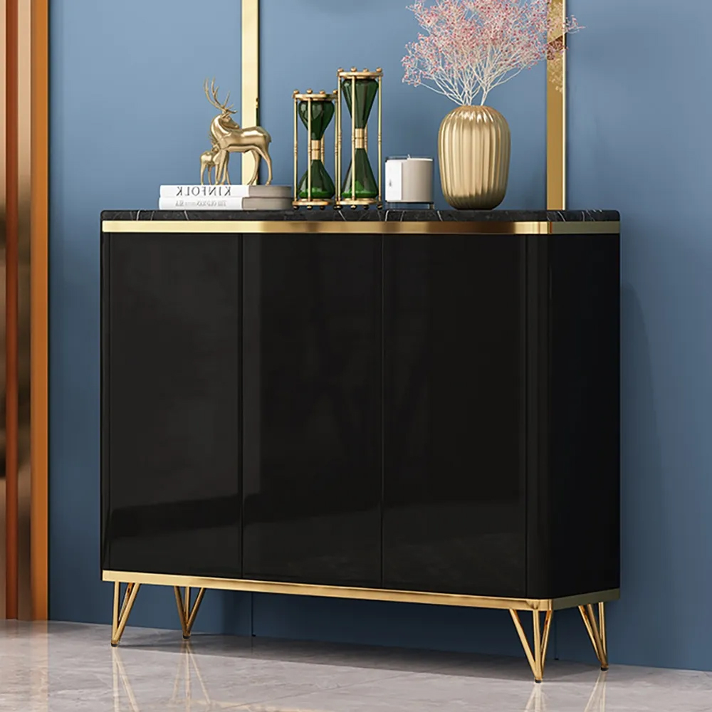 Modern Black 3 Doors Shoes Storage Cabinet with 8 Shelves 20 Pairs in Gold