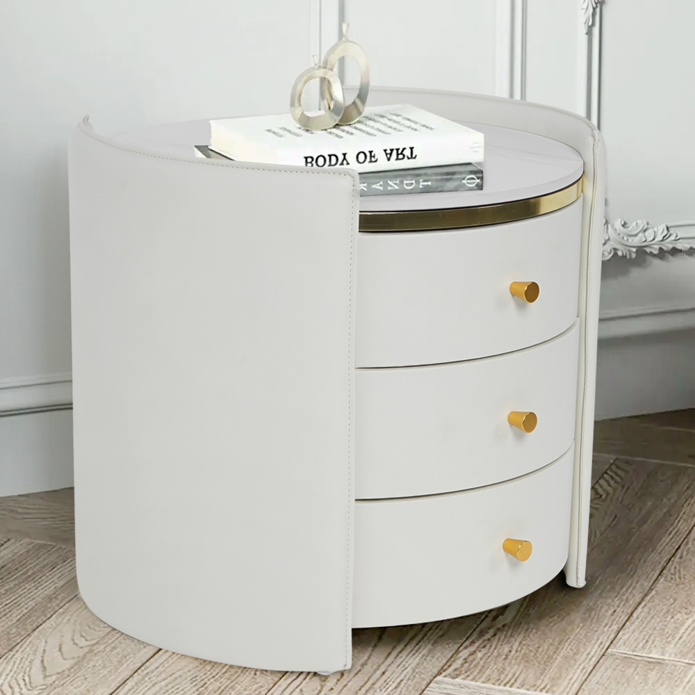 Modern Nightstand Solid Wood Nightstand Round Side Table Beige Nightstand with 3 Drawers