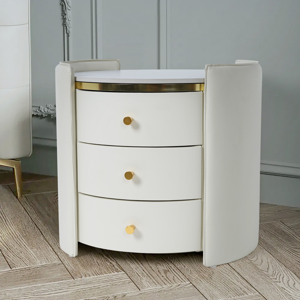 Modern Nightstand Solid Wood Nightstand Round Side Table Beige Nightstand with 3 Drawers