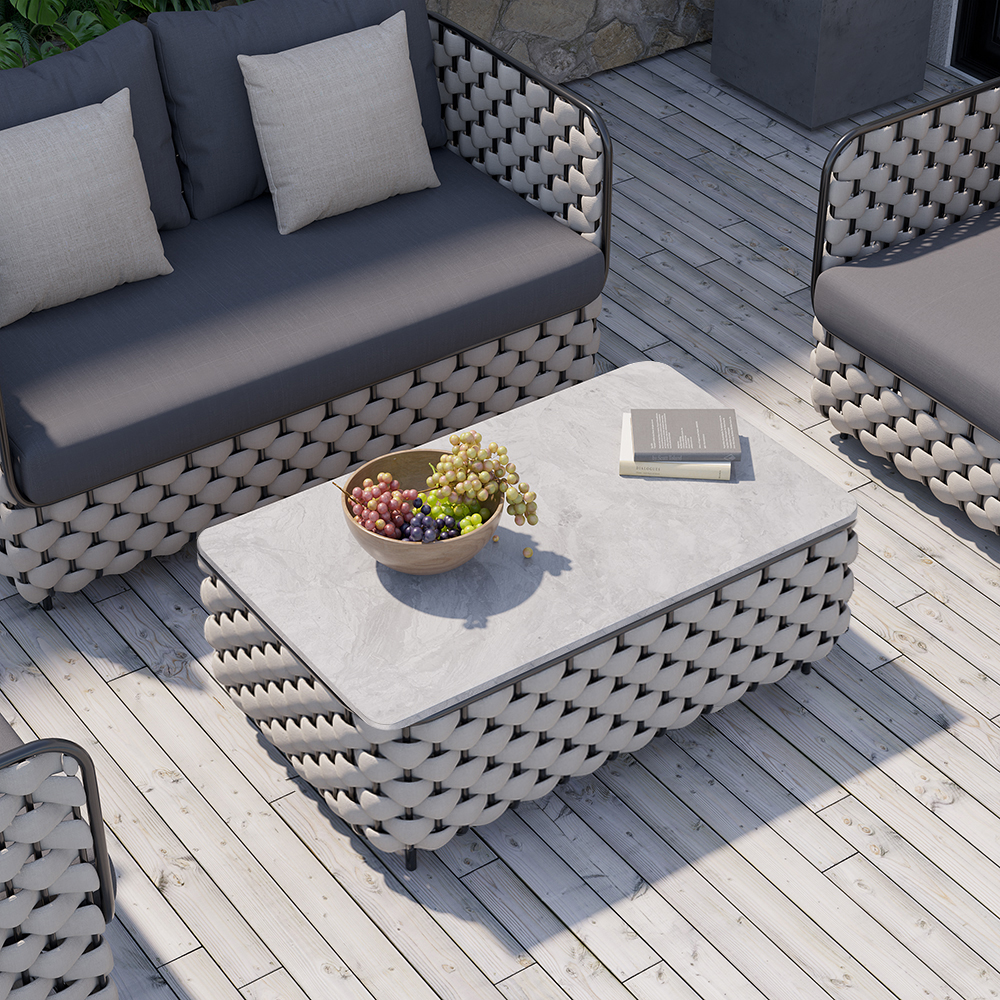Image of Modern Aluminum & Rope & Faux Marble Top Outdoor Patio Coffee Table in Gray