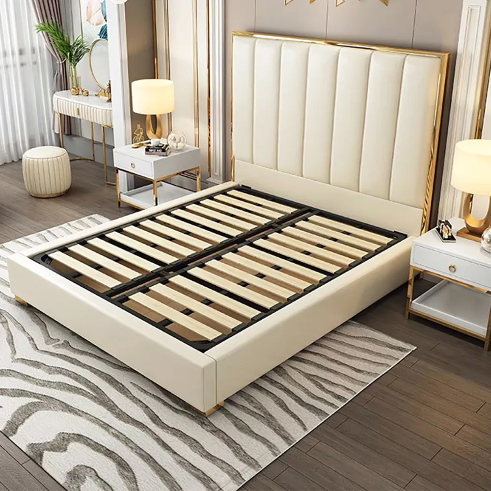 Queen Size Platform Bed White Upholstered Faux Leather Bed with Gold Legs