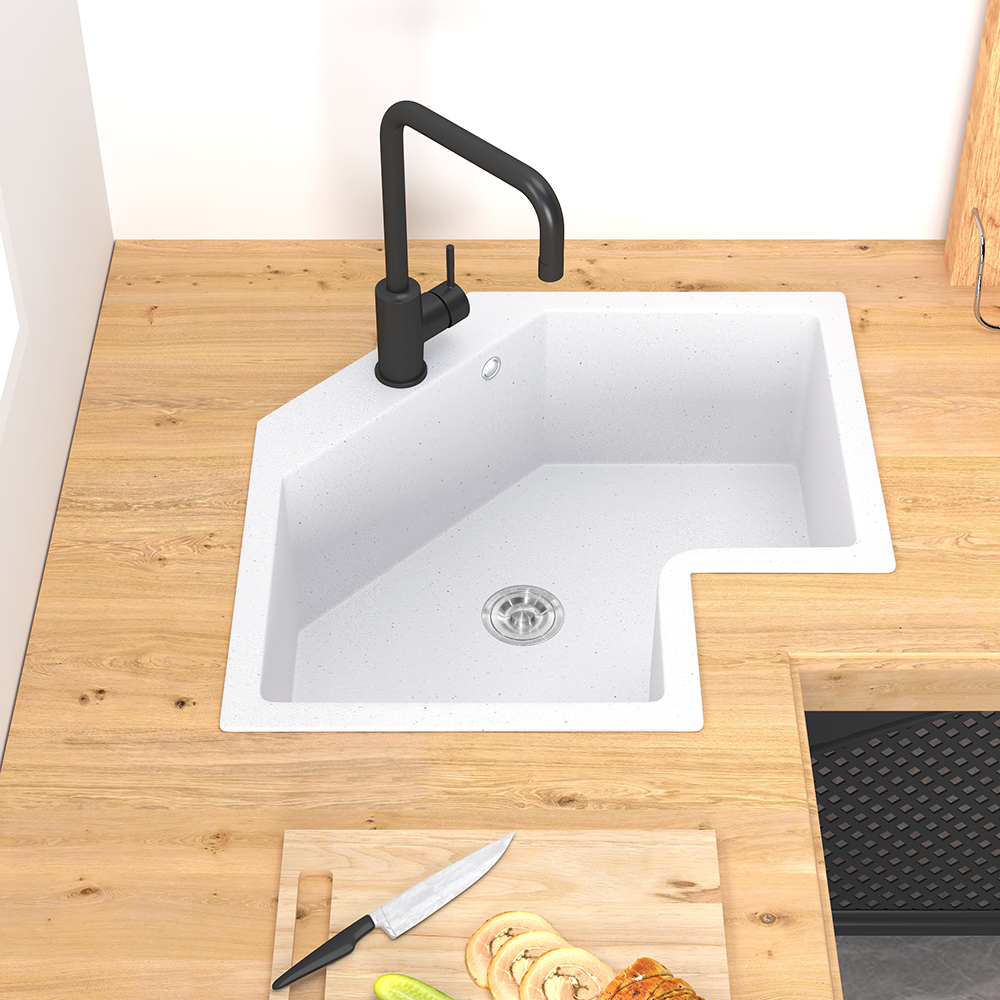 Image of 25" White Drop In Corner Kitchen Sink Modern Single Bowl Quartz Irregular Sink