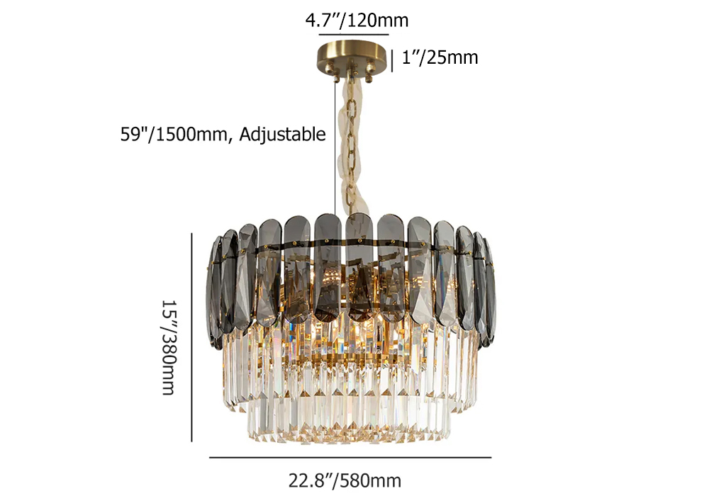 Contemporary 8-Light Crystal Tiered Chandelier in Brass & Grey