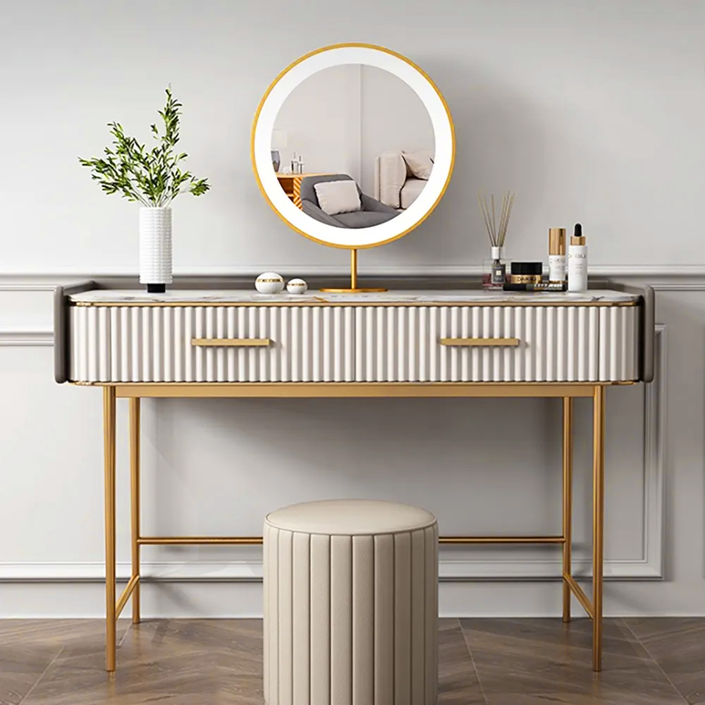 Image of 48" Modern Off White Makeup Vanity Stone Top 2-Drawer Dressing Table