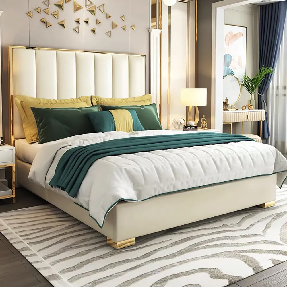 Image of Faux Leather Upholstered Bed White Platform Bed with Headboard, Cal King