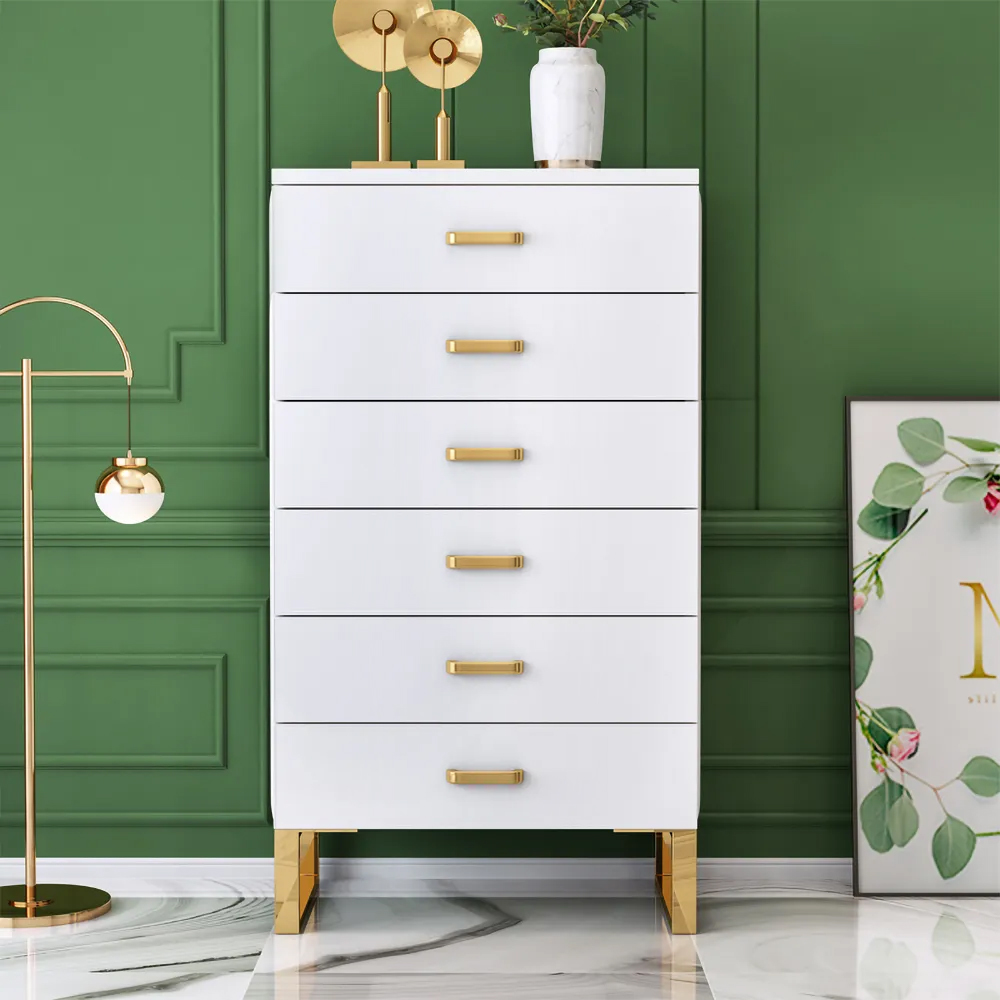Modern White Wooden Chest with 6-Drawer Gold Legs in Large